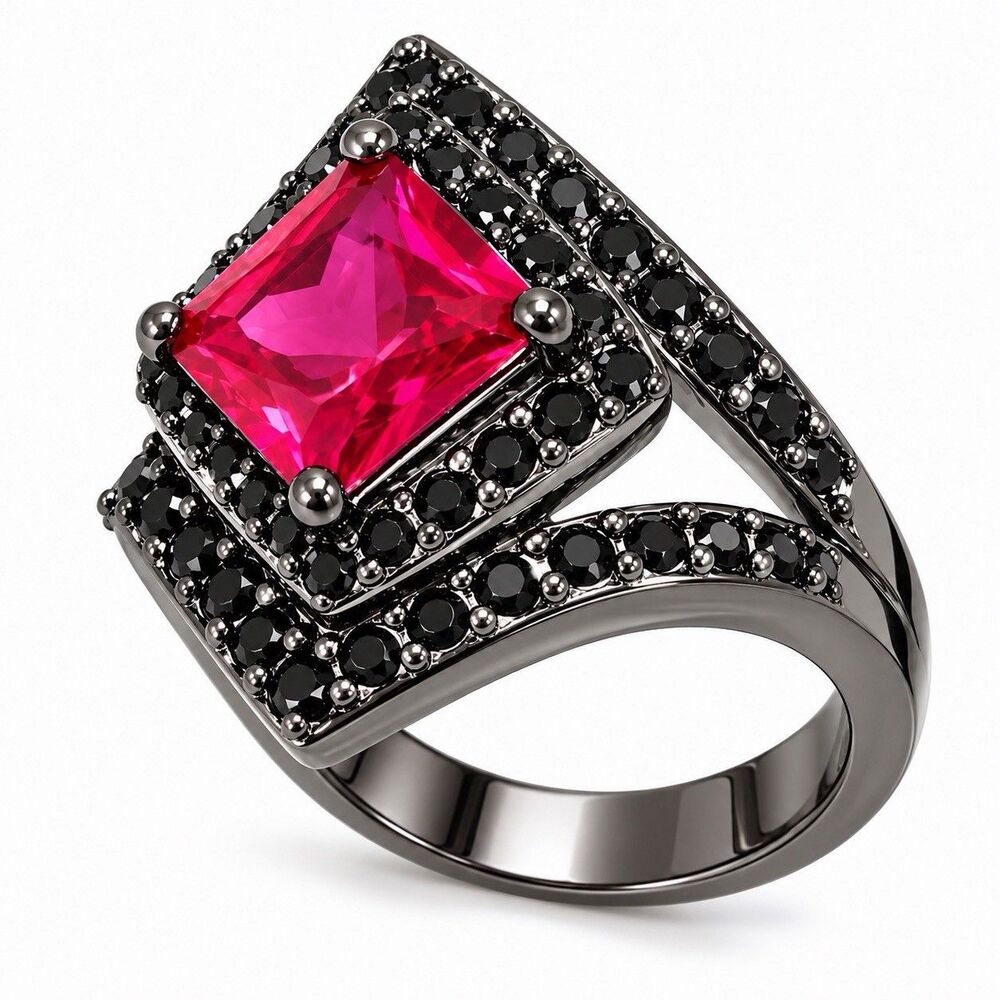 Gothic Red Cushion Cut CZ Ring Black Gunmetal Stainless Steel Statement Size 7